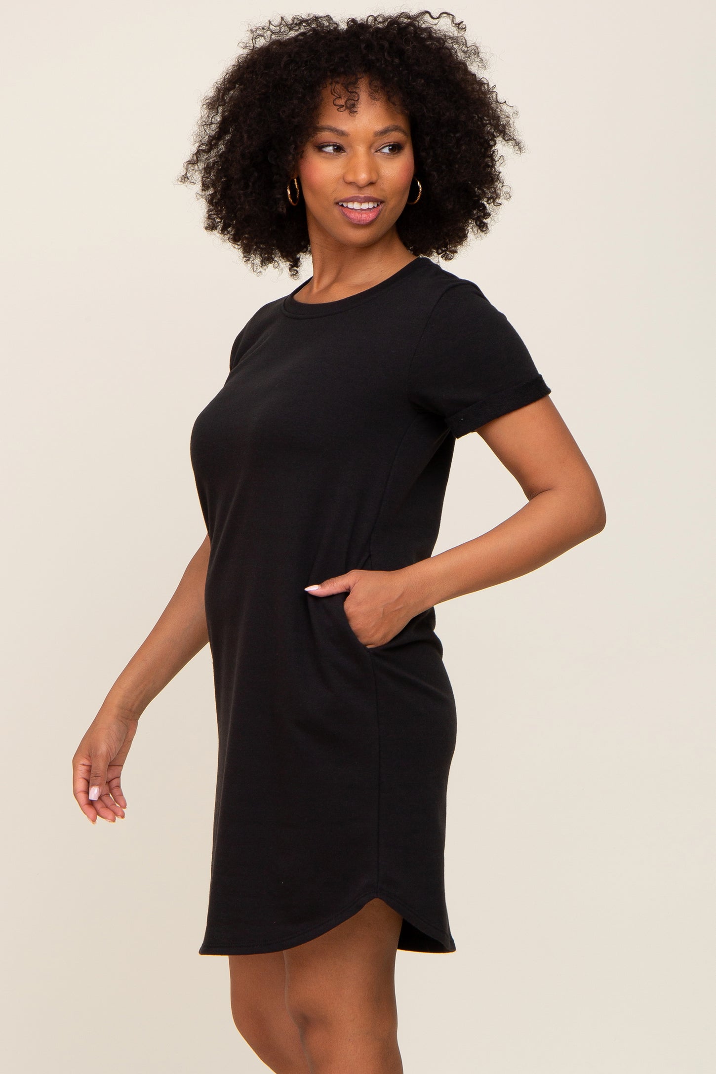 Black French Terry Cuffed Short Sleeve Dress Black French Terry Cuffed Short Sleeve Dress