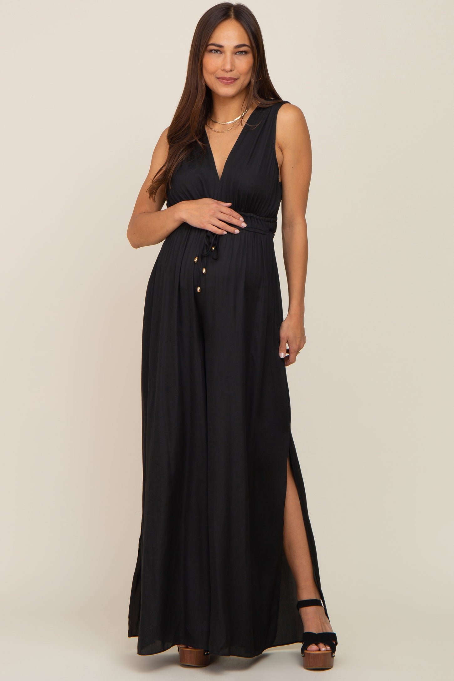 Black Satin V-Neck Side Slit Maternity Jumpsuit PinkBlush Black Satin V-Neck Side Slit Maternity Jumpsuit PinkBlush
