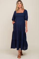 Navy Blue Square Neck Smocked Tiered Maternity Maxi Dress