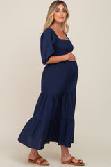 Navy Blue Square Neck Smocked Tiered Maternity Maxi Dress