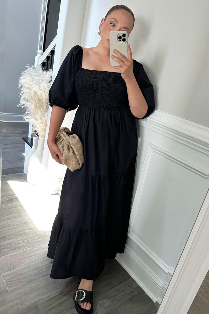 Black Square Neck Smocked Tiered Maxi Dress Small