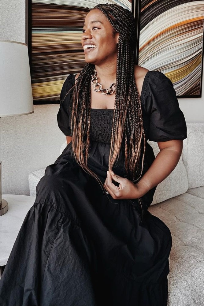 Black Square Neck Smocked Tiered Maxi Dress Small