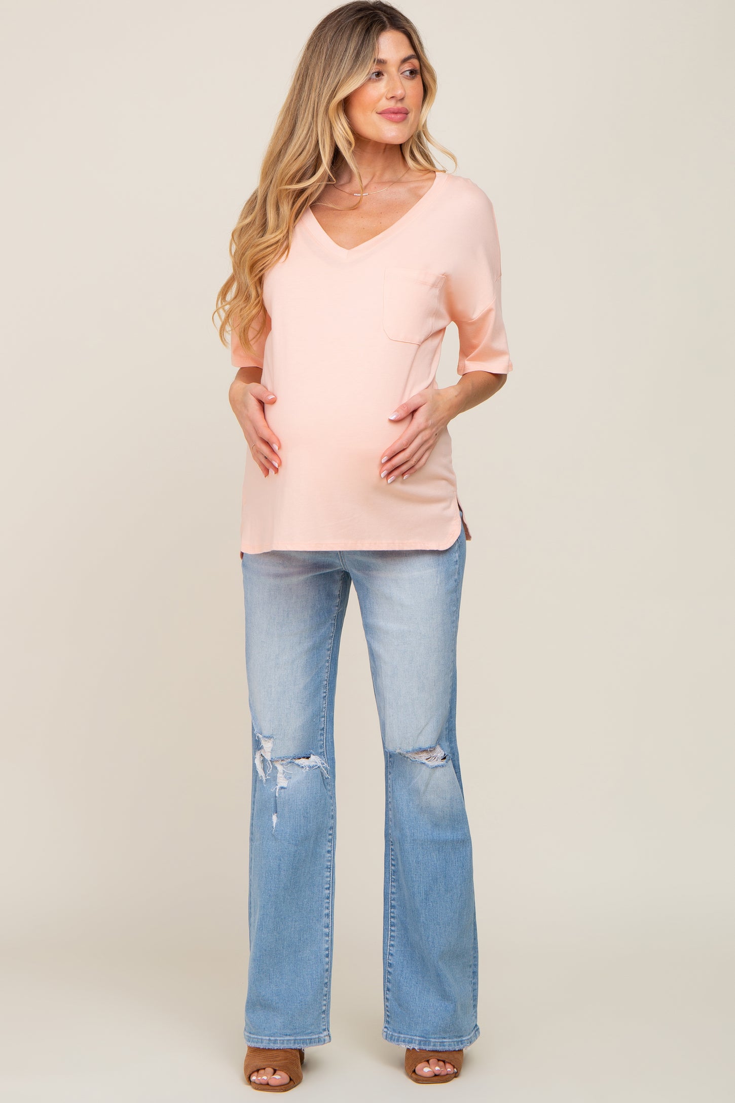 Peach Pocketed V-Neck Maternity Top