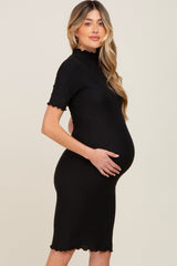 Black Ribbed Mock Neck Fitted Maternity Midi Dress