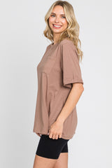Mocha Oversized Front Pocket Cuffed Short Sleeve Top