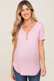 Pink Ribbed Short Sleeve Button Detail Maternity Top