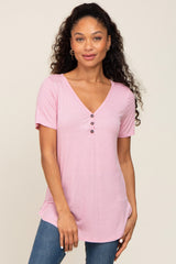 Pink Ribbed Short Sleeve Button Detail Maternity Top