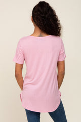 Pink Ribbed Short Sleeve Button Detail Top