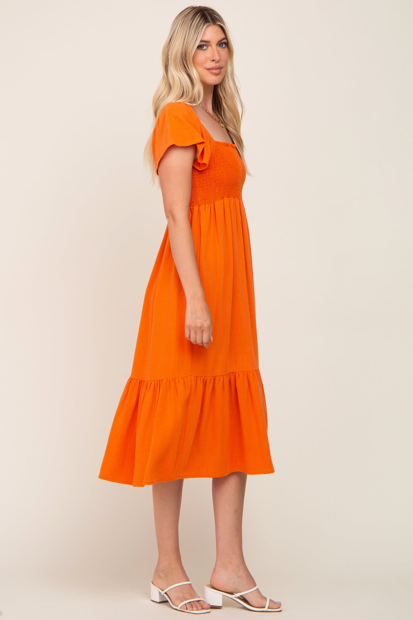 Orange Smocked Ruffle Hem Midi Dress