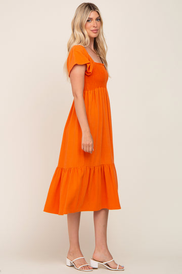 Orange Smocked Ruffle Hem Midi Dress