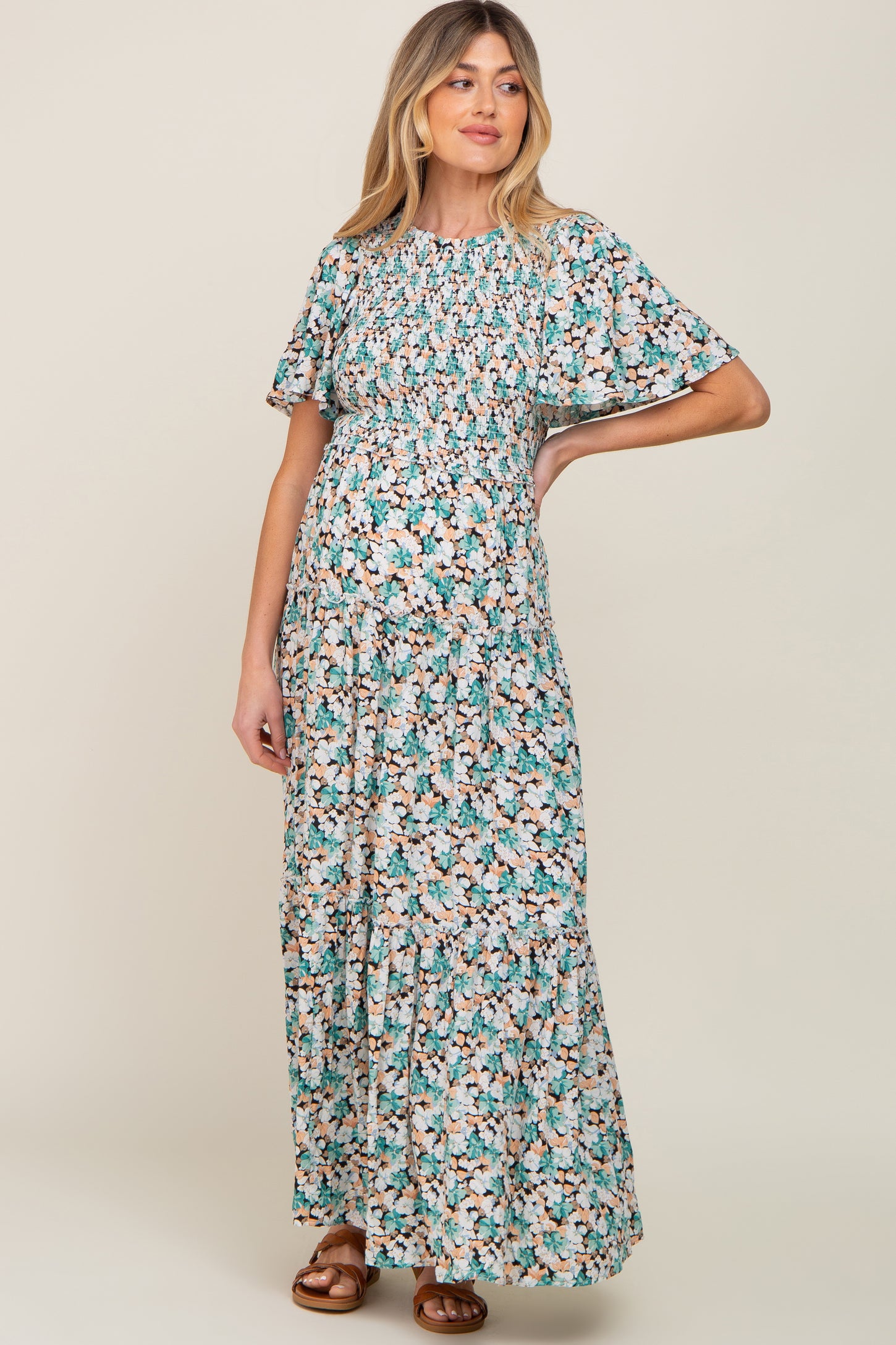 Green Floral Smocked Tiered Maternity Maxi Dress