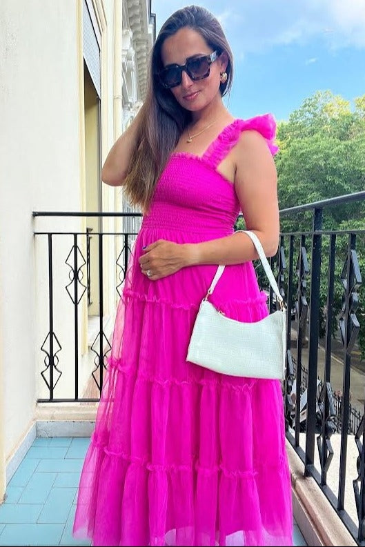 hot pink maternity maxi dress Pinkblush Smocked Mesh Ruffle Accent Midi Maternity wear