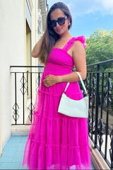 Fuchsia Smocked Mesh Ruffle Accent Maternity Midi Dress