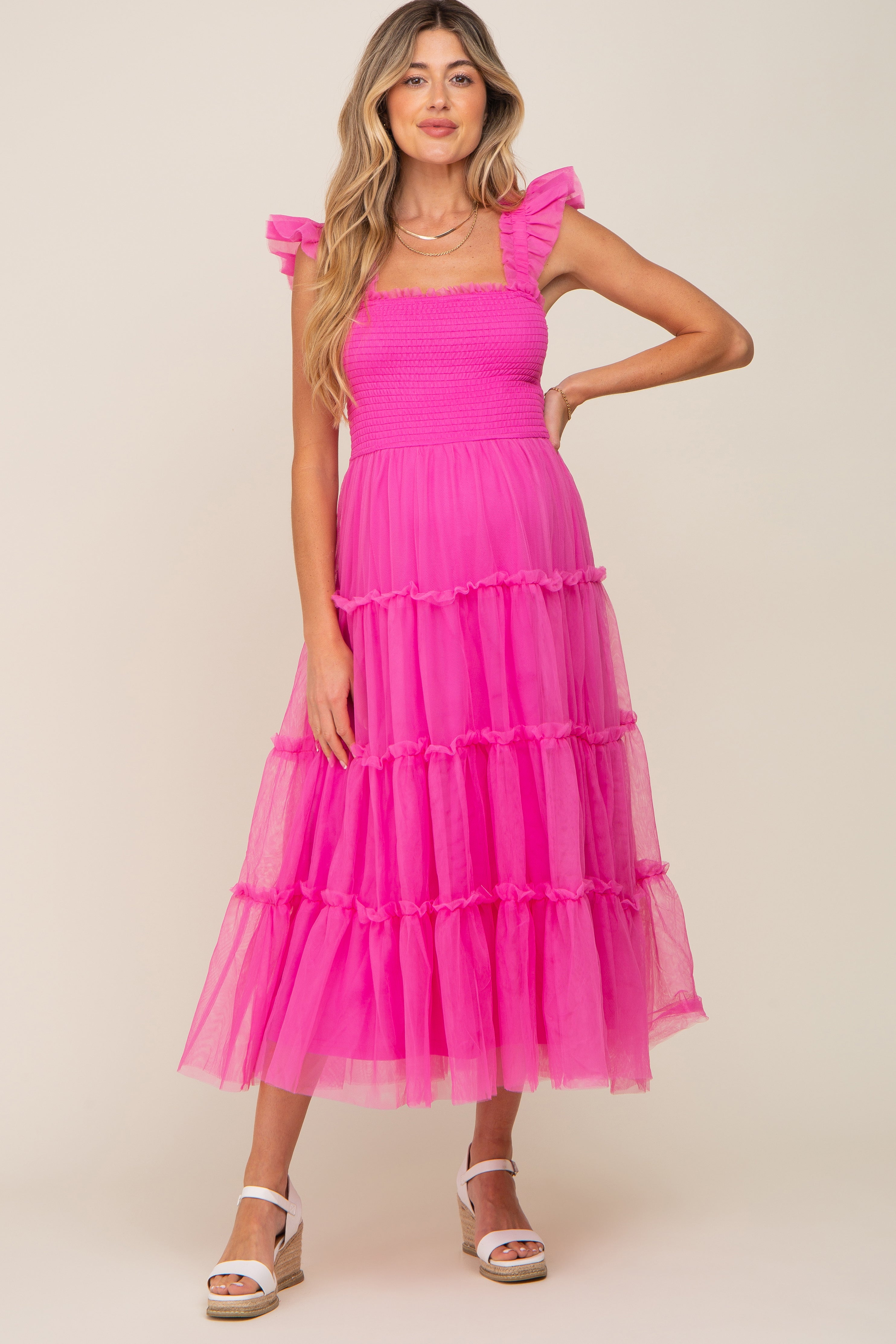 mistress rocks magenta ruffle midi dress Pinkblush Maternity Smocked Mesh Ruffle Accent Midi Dress