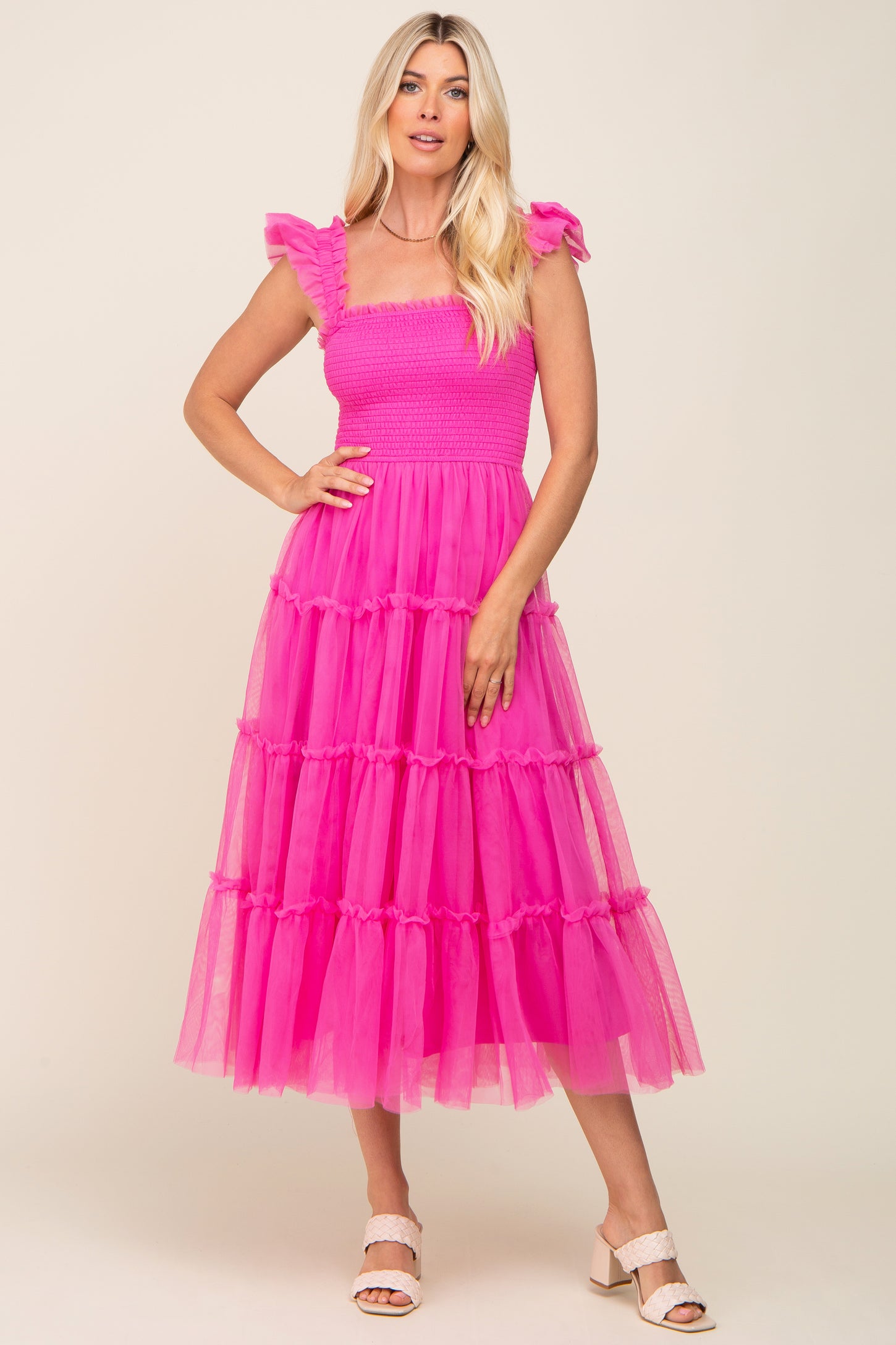 fuschia wedding guest dress Fuchsia Smocked Mesh Ruffle Accent Maternity Midi Dress