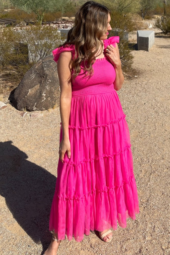 Fuchsia Smocked Mesh Ruffle Accent Midi Dress