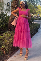 Fuchsia Smocked Mesh Ruffle Accent Maternity Midi Dress