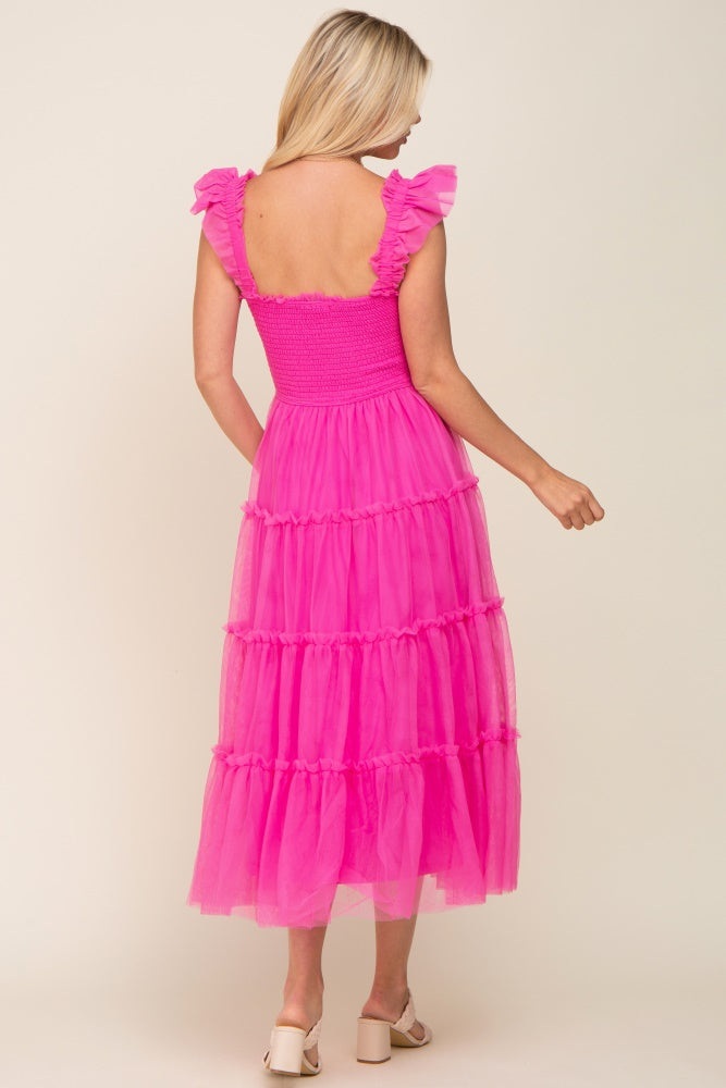 Fuchsia Smocked Mesh Ruffle Accent Midi Dress