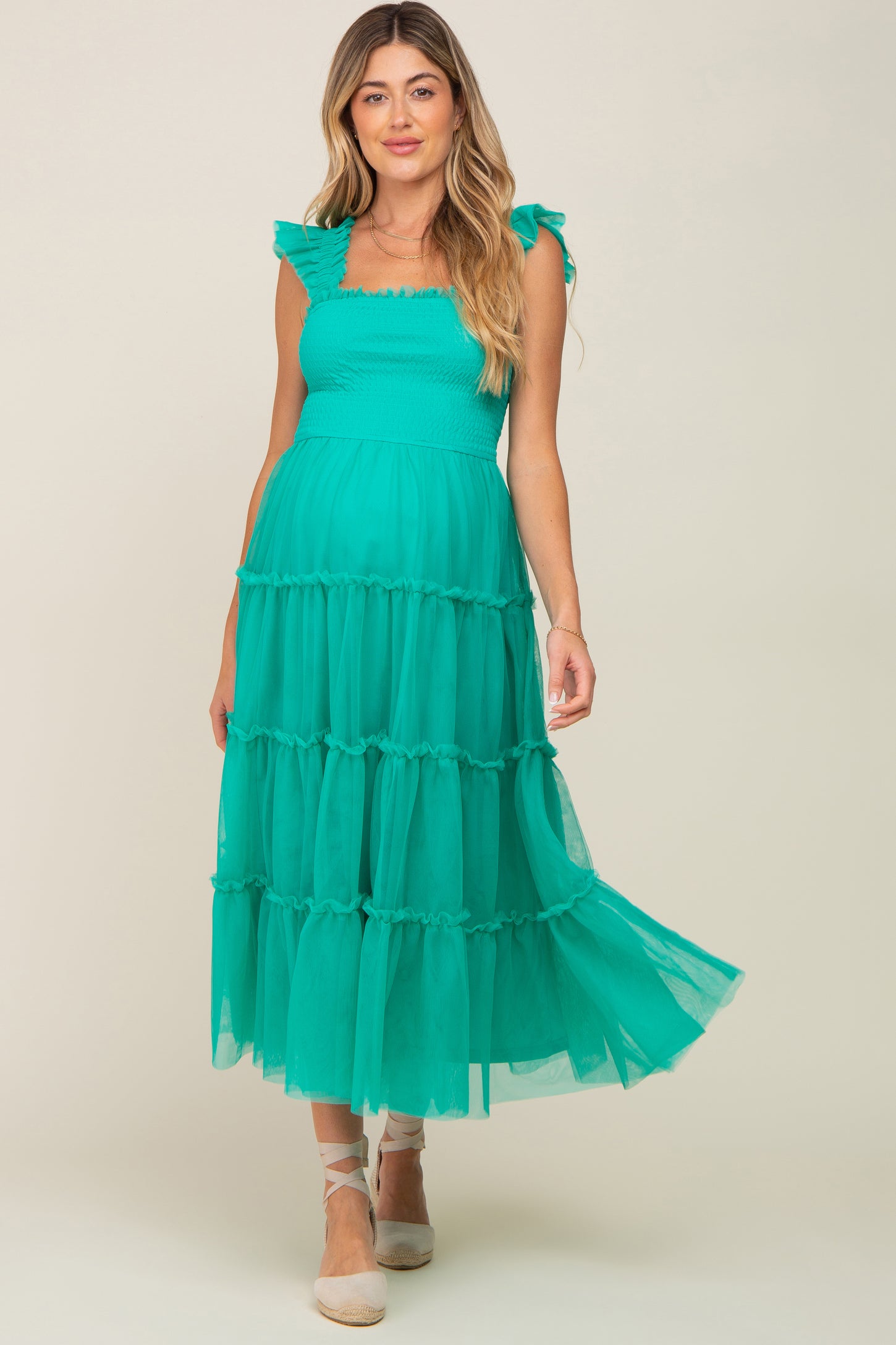 Jade Smocked Mesh Ruffle Accent Maternity Midi Dress