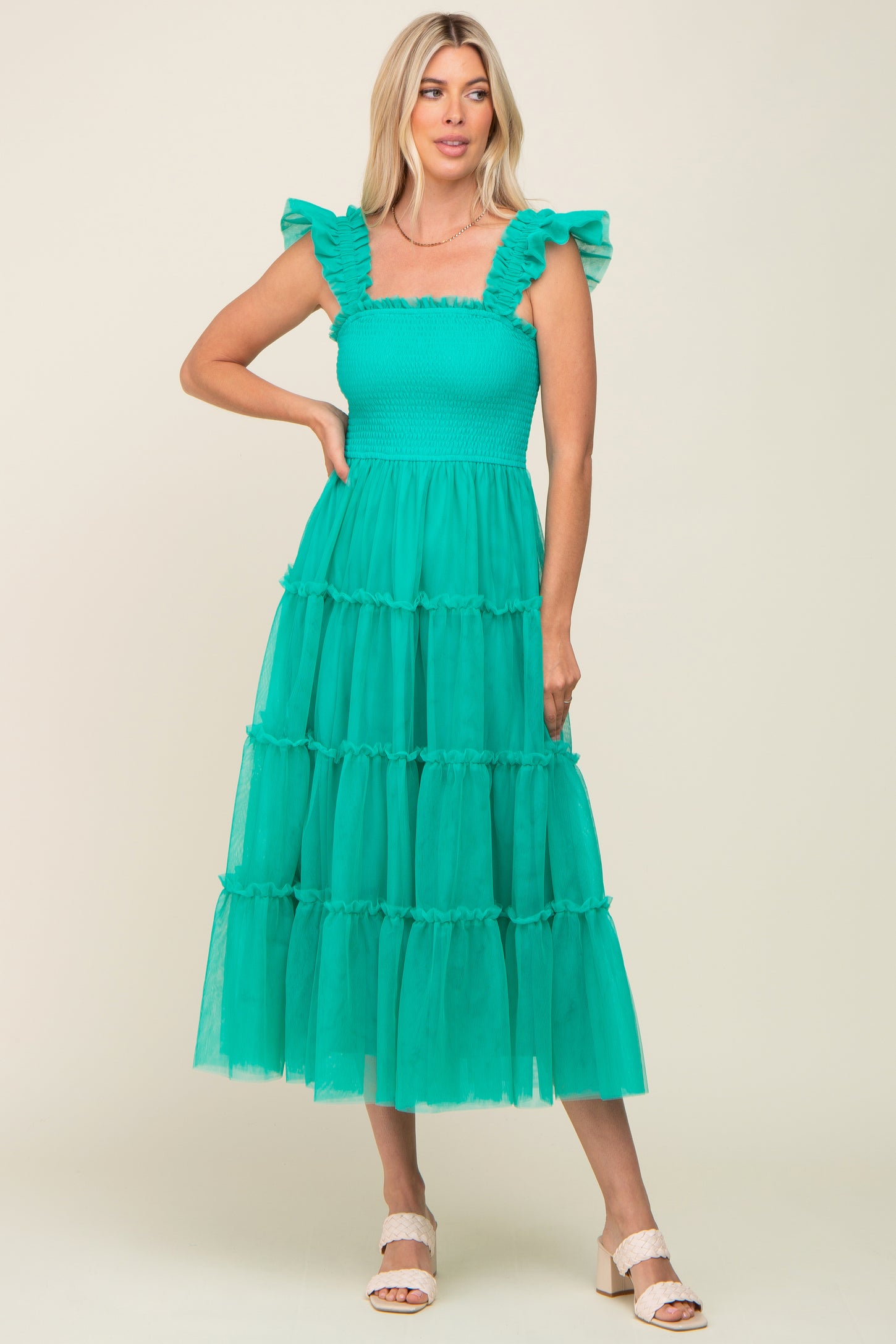 Jade Smocked Mesh Ruffle Accent Midi Dress PinkBlush Jade Smocked Mesh Ruffle Accent Midi Dress PinkBlush