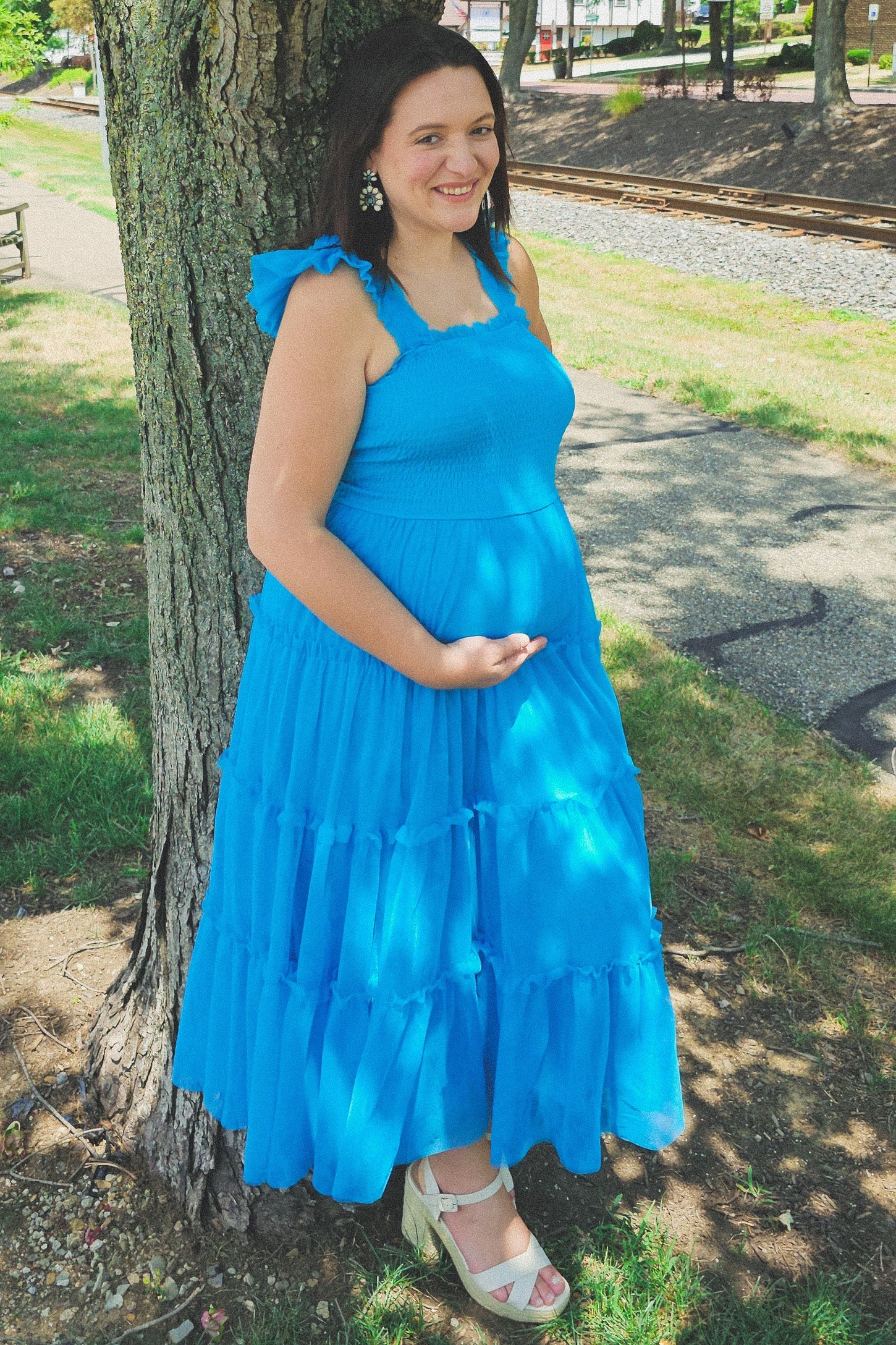 Turquoise Smocked Mesh Ruffle Accent Maternity Midi Dress Turquoise Smocked Mesh Ruffle Accent Maternity Midi Dress