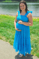 Turquoise Smocked Mesh Ruffle Accent Maternity Midi Dress