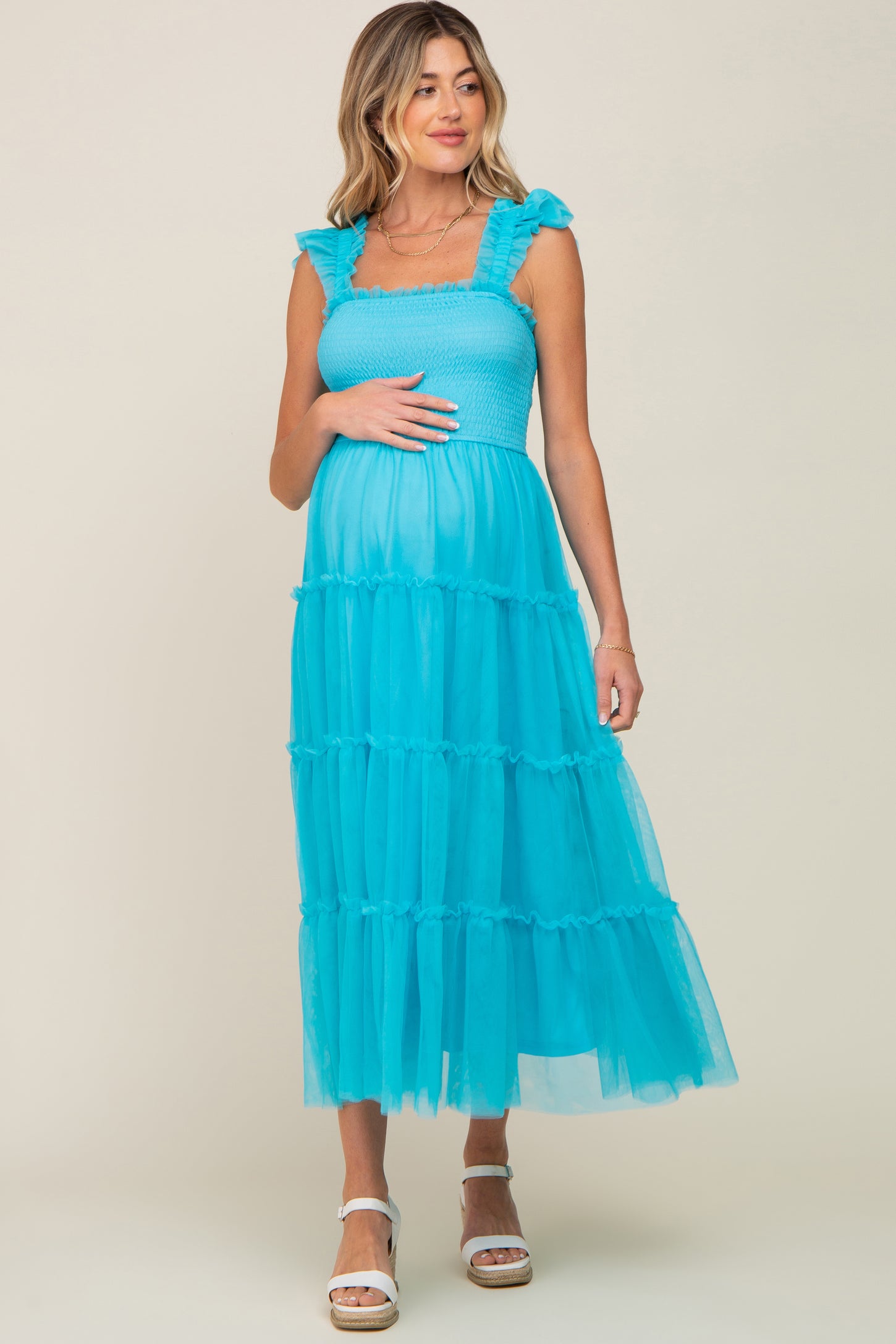 Turquoise Smocked Mesh Ruffle Accent Maternity Midi Dress Turquoise Smocked Mesh Ruffle Accent Maternity Midi Dress