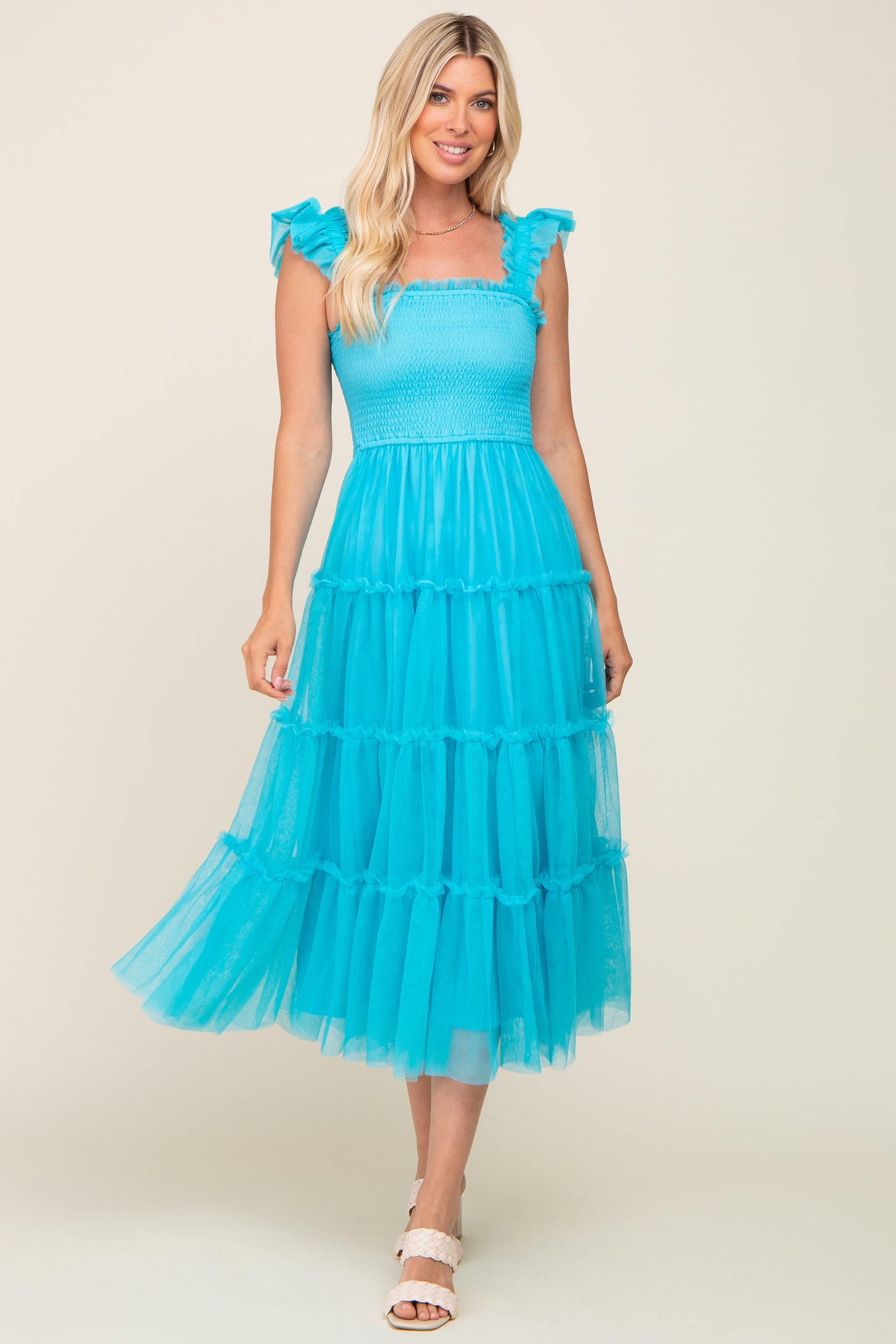 Turquoise Smocked Mesh Ruffle Accent Maternity Midi Dress Turquoise Smocked Mesh Ruffle Accent Maternity Midi Dress