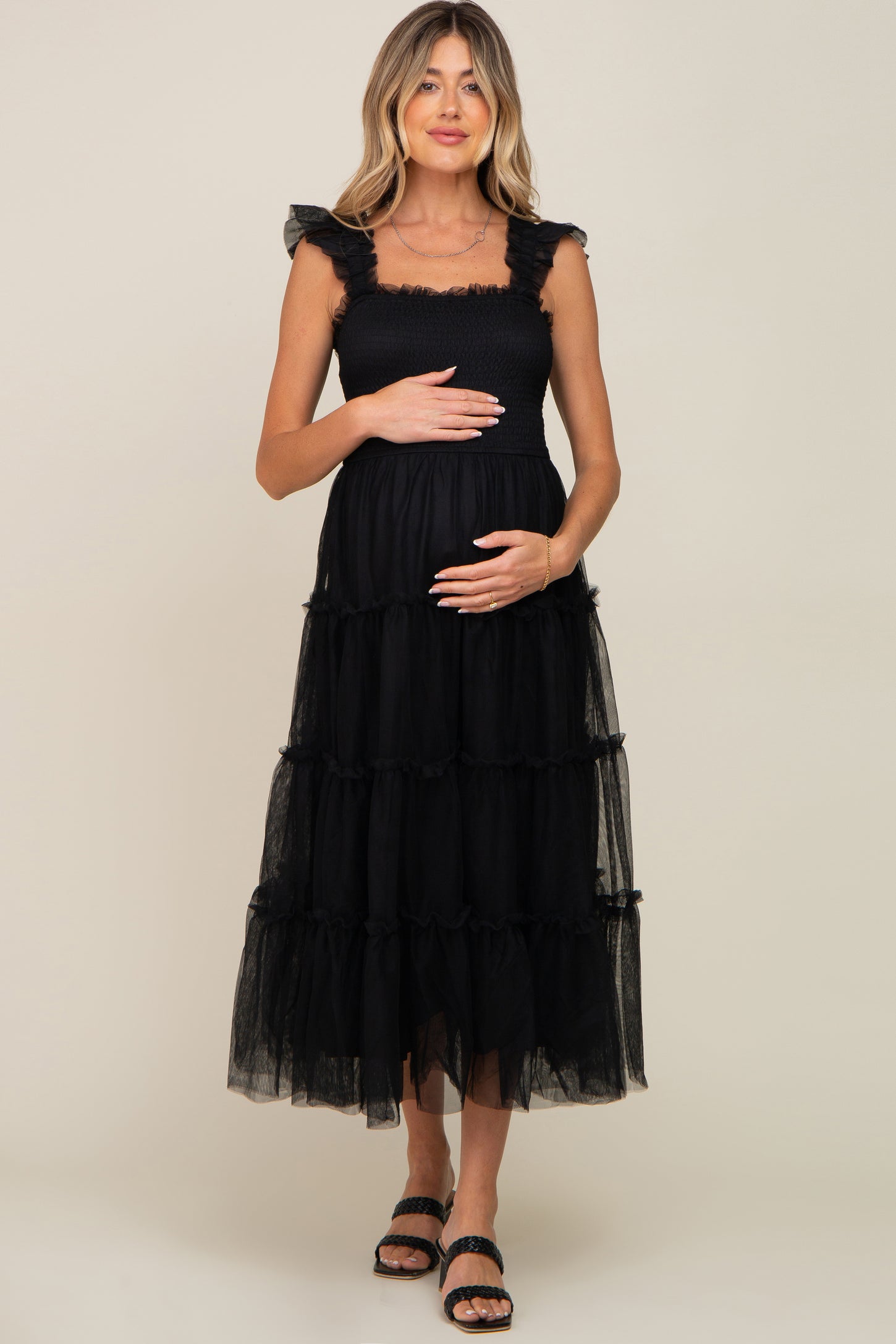 PinkBlush Maternity Smocked Mesh Ruffle Accent Midi Dress - Black PinkBlush Maternity Smocked Mesh Ruffle Accent Midi Dress - Black