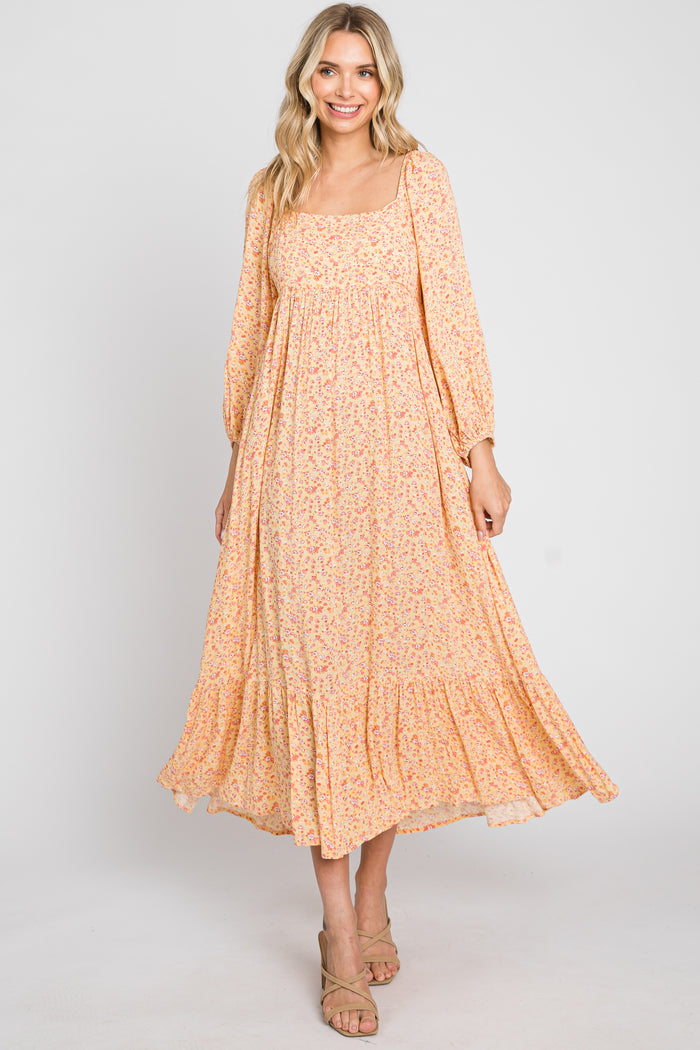 Yellow Floral Square Neck 3/4 Sleeve Maternity Midi Dress