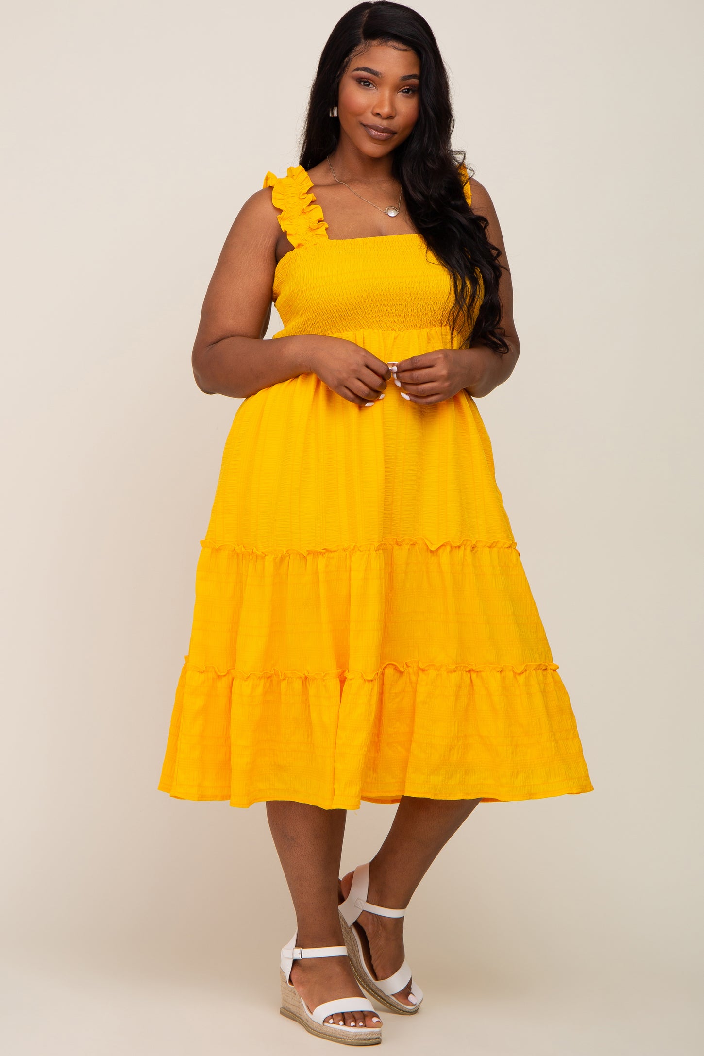 yellow square neck dress Yellow Smocked Square Neck Ruffle Strap Tiered Plus Midi Dress – PinkBlush