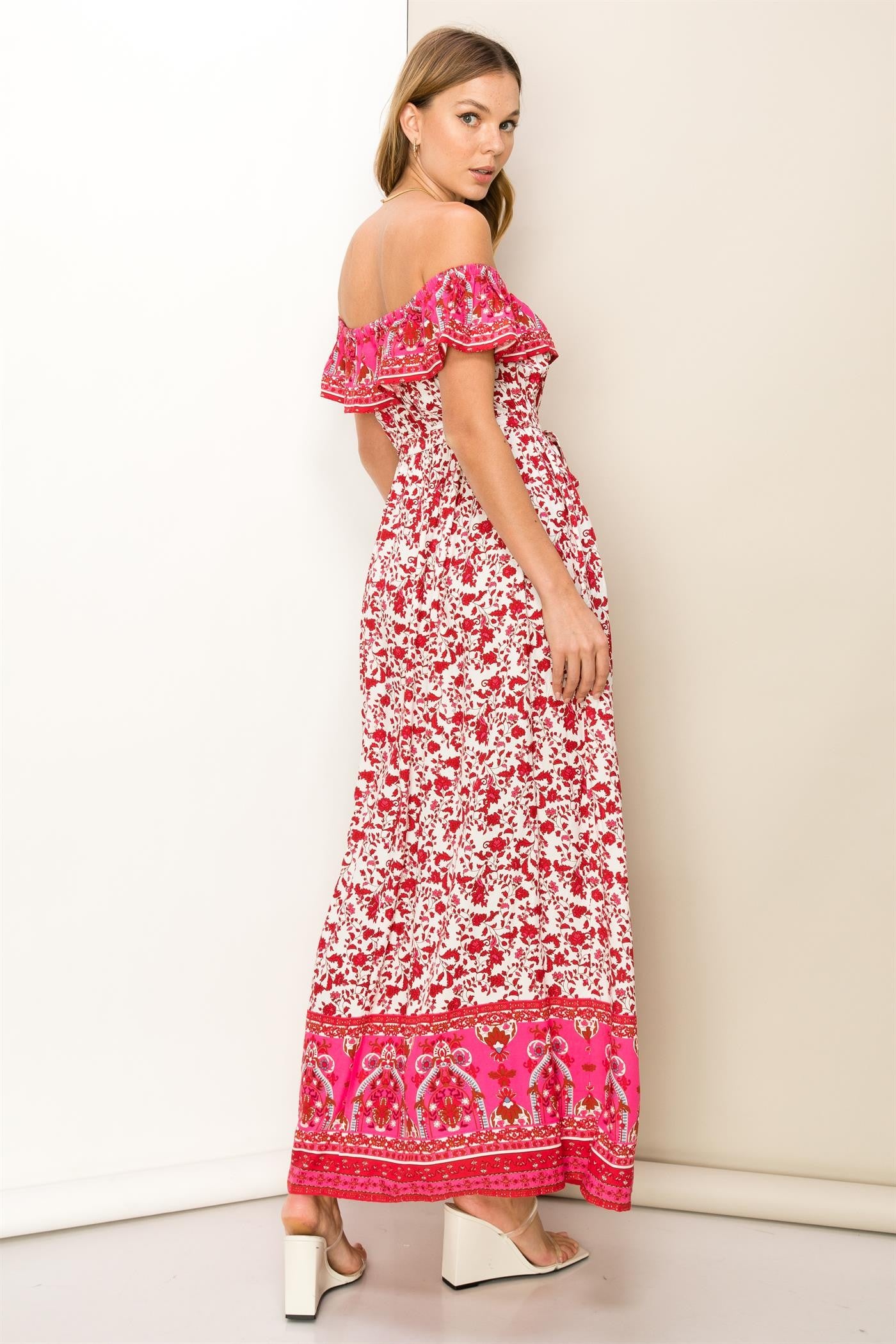 red and white floral off the shoulder dress Vivid Eden Women's White Floral Red Print Long-Sleeved Dress,Autumn Boho Vacation Holiday One-Shoulder Neckline Flowing Evening Dress For Christmas Party Date