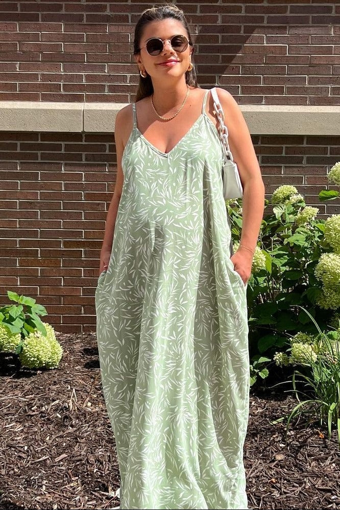 Light Olive Leaf Print Double V-Neck Maternity Maxi Dress