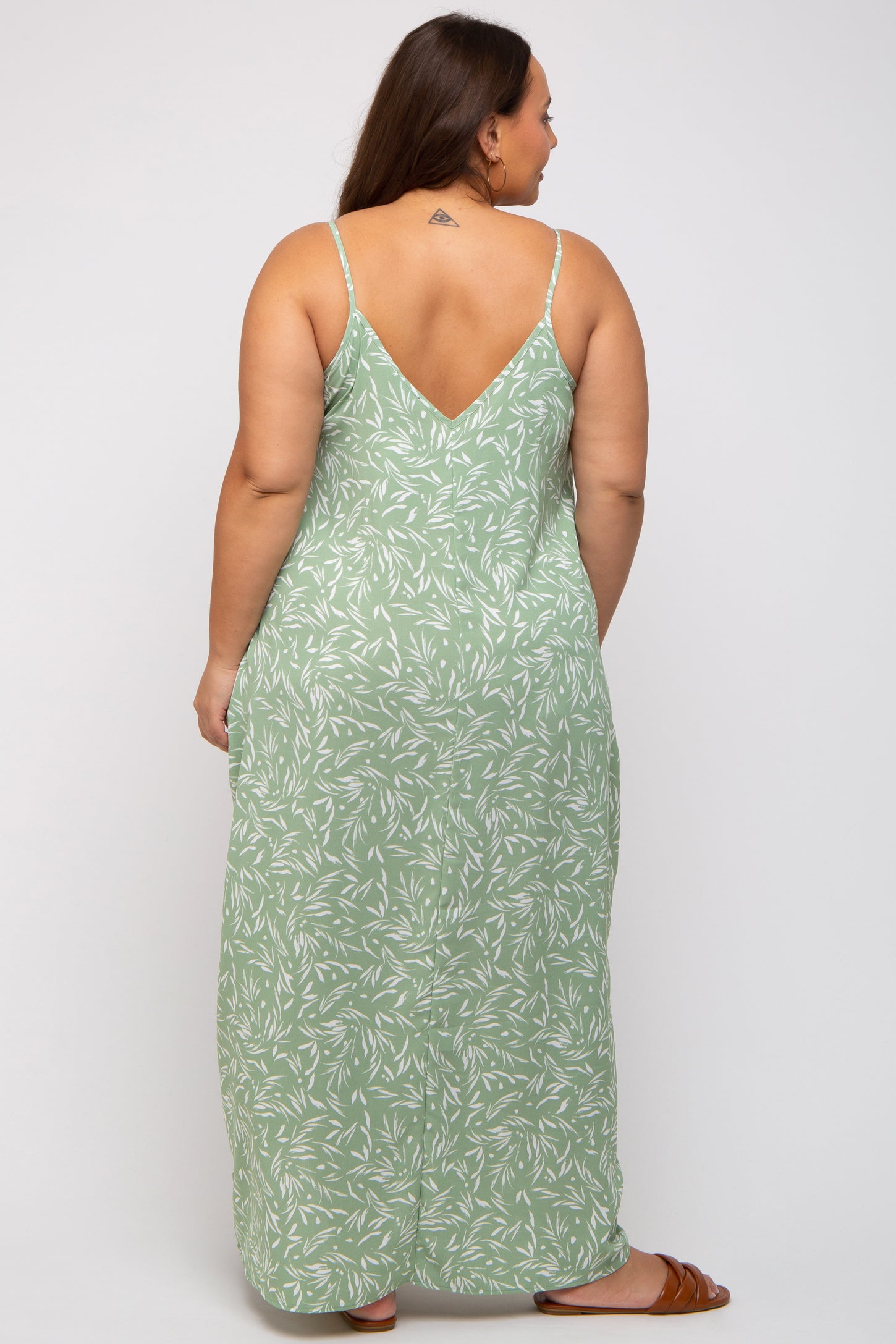 Mint Leaf Print Double V-Neck Plus Maxi Dress