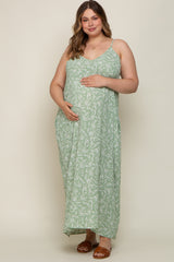 Mint Leaf Print Double V-Neck Maternity Plus Maxi Dress
