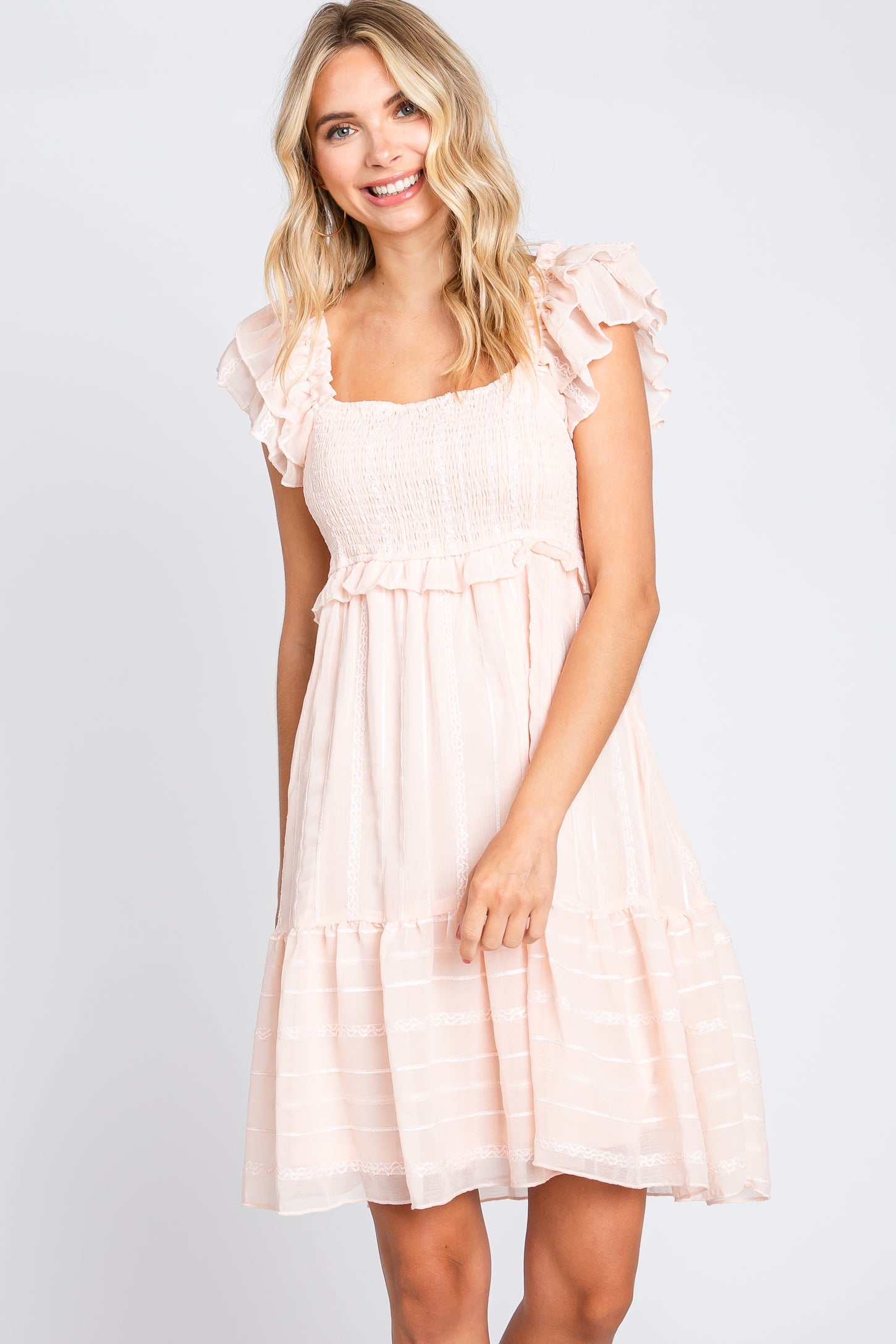 Light Pink Striped Trim Layered Flounce Sleeve Dress PinkBlush Light Pink Striped Trim Layered Flounce Sleeve Dress PinkBlush