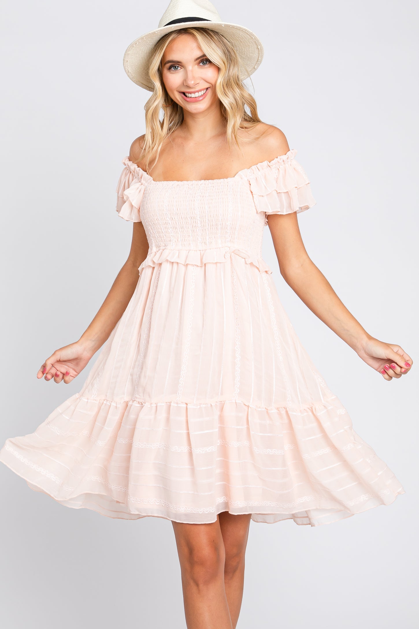 Light Pink Striped Trim Layered Flounce Sleeve Dress Light Pink Striped Trim Layered Flounce Sleeve Dress