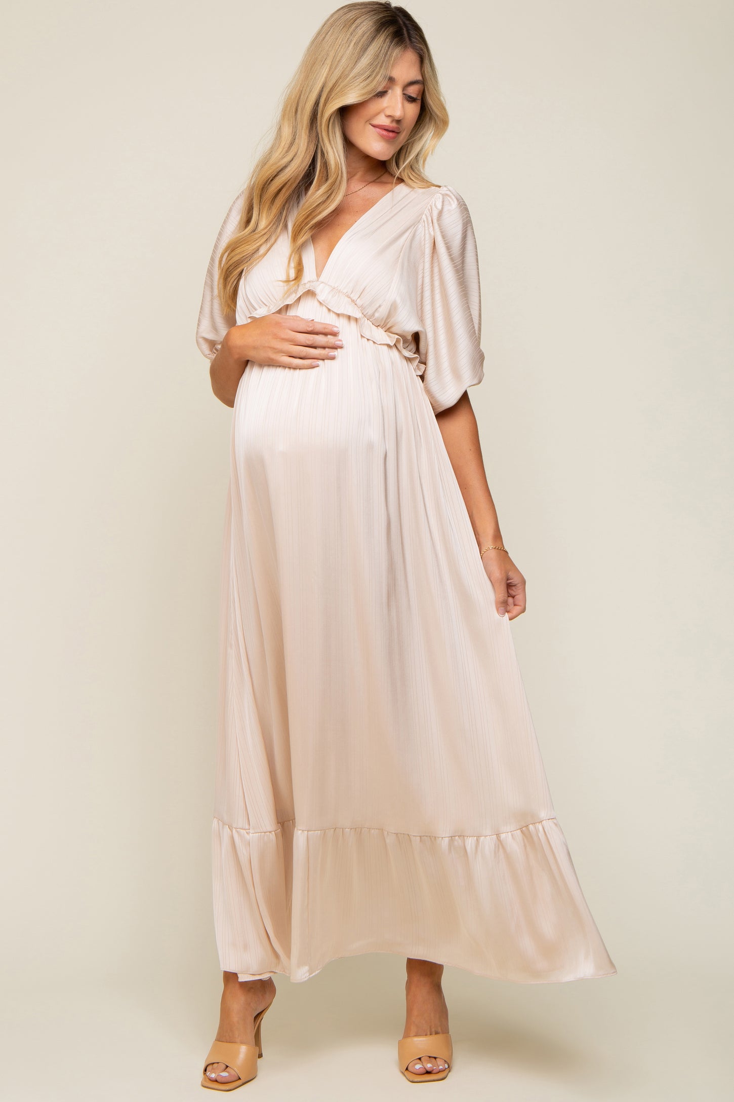 Beige Striped Ruffle Accent Maternity Maxi Dress – PinkBlush