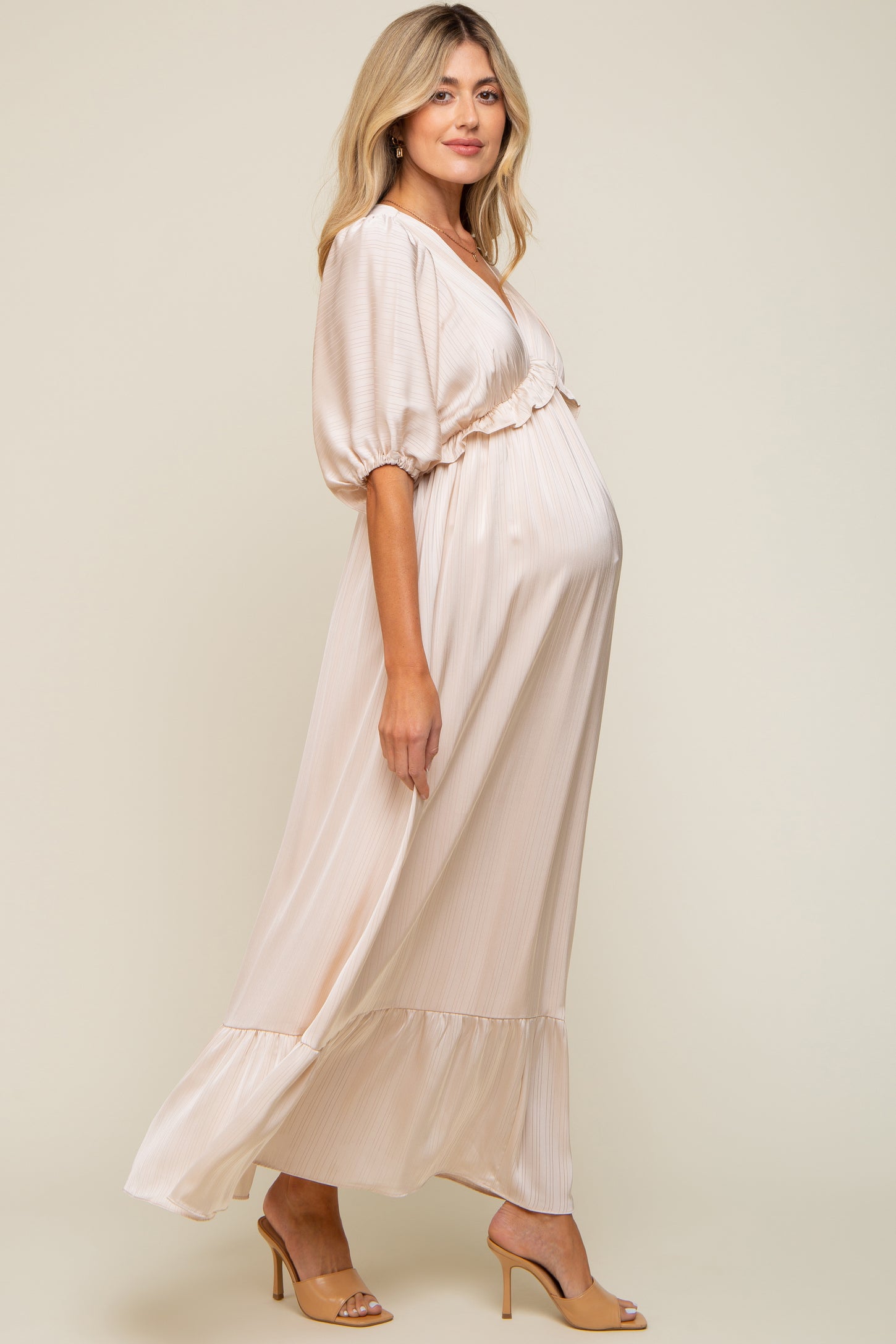 Beige Striped Ruffle Accent Maternity Maxi Dress – PinkBlush