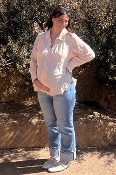 Peach Button-Down Raw Hem Maternity Blouse