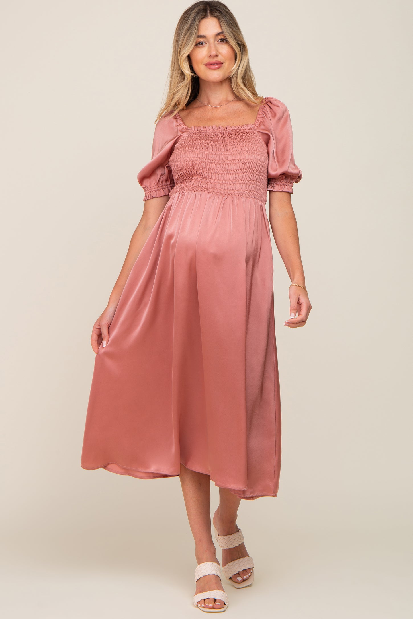 Pink Satin Puff Sleeve Maternity Midi Dress – PinkBlush