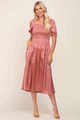 Pink Satin Puff Sleeve Maternity Midi Dress