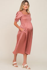 Pink Satin Puff Sleeve Maternity Midi Dress