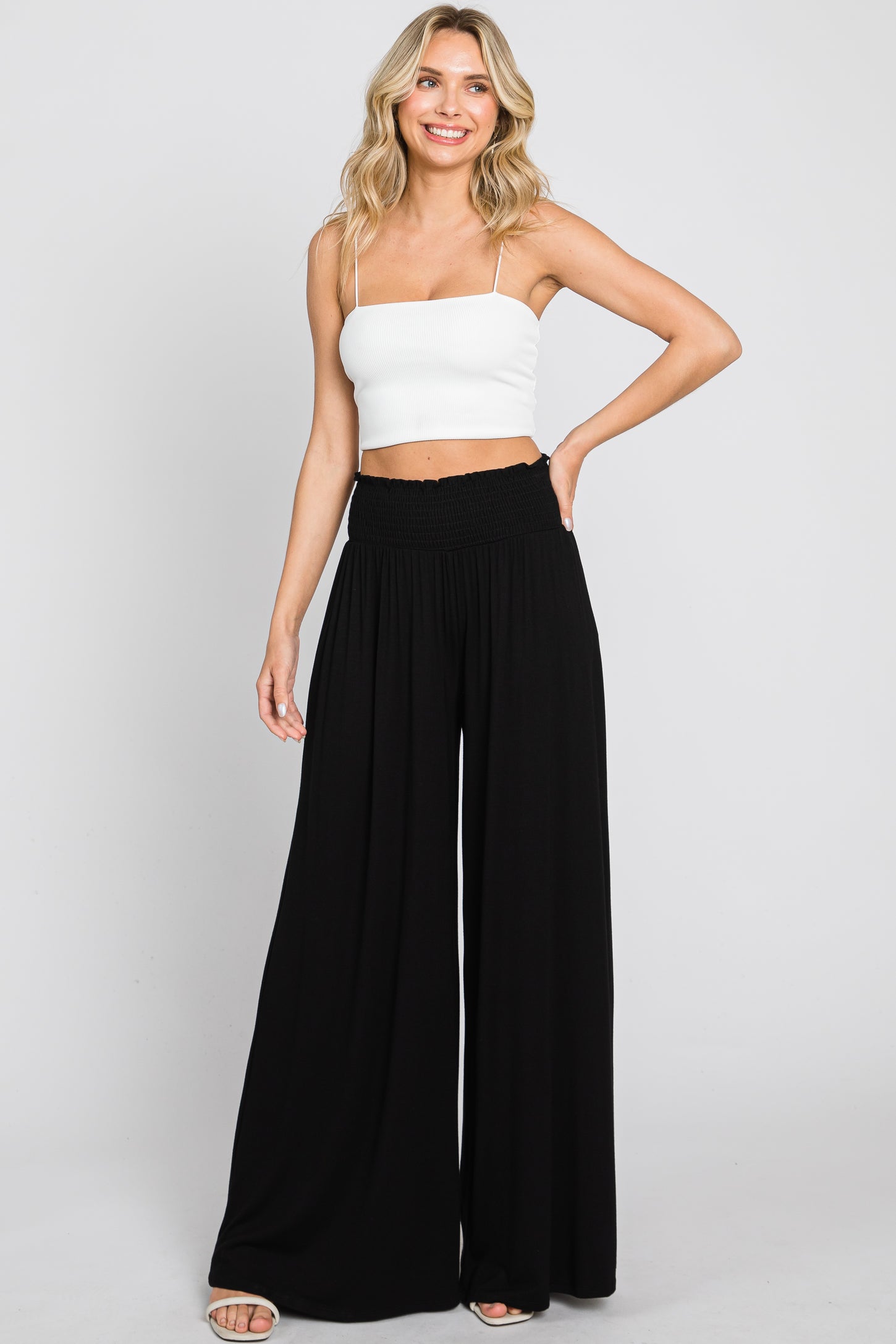 Black Smocked Waist Flowy Pants PinkBlush Black Smocked Waist Flowy Pants PinkBlush