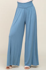 Blue Smocked Waist Flowy Pants
