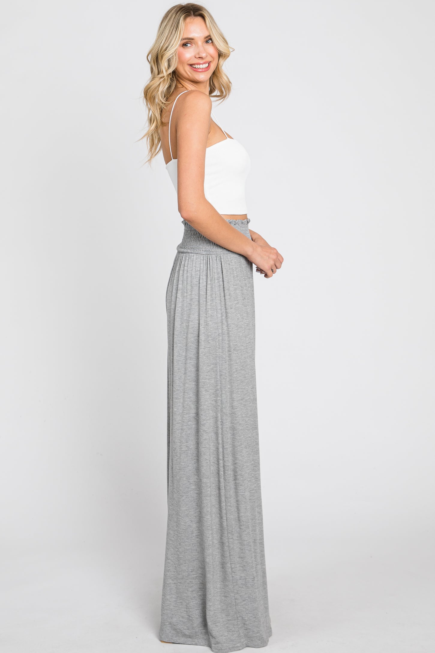 Grey Smocked Waist Flowy Pants