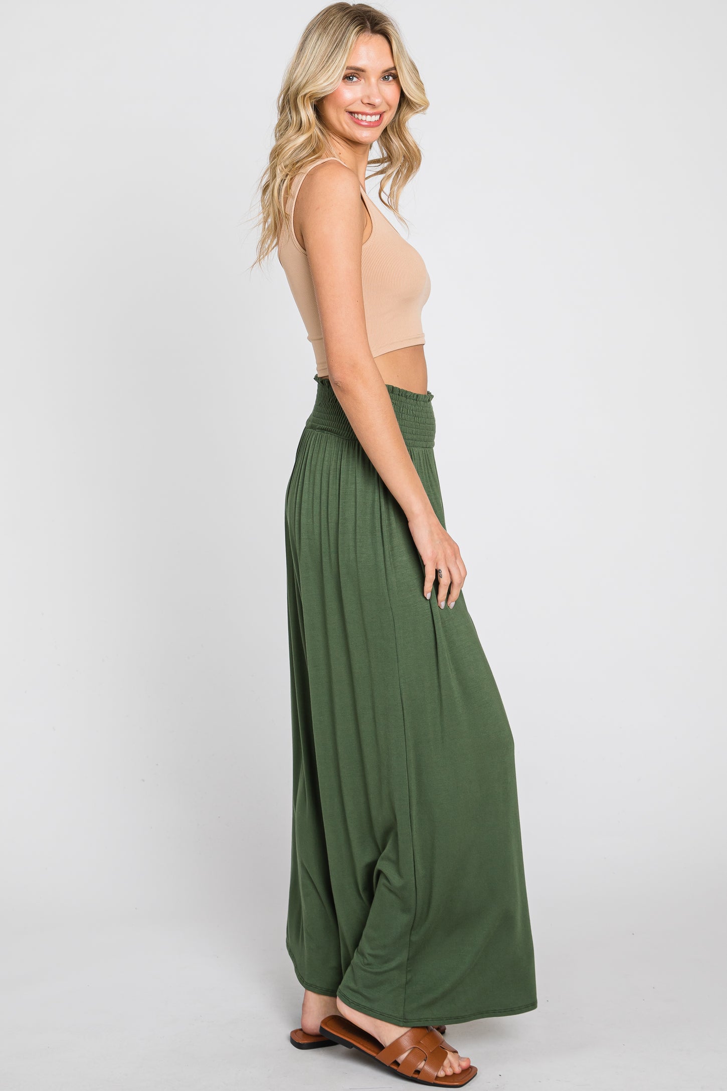 Olive Smocked Waist Flowy Pants PinkBlush Olive Smocked Waist Flowy Pants PinkBlush