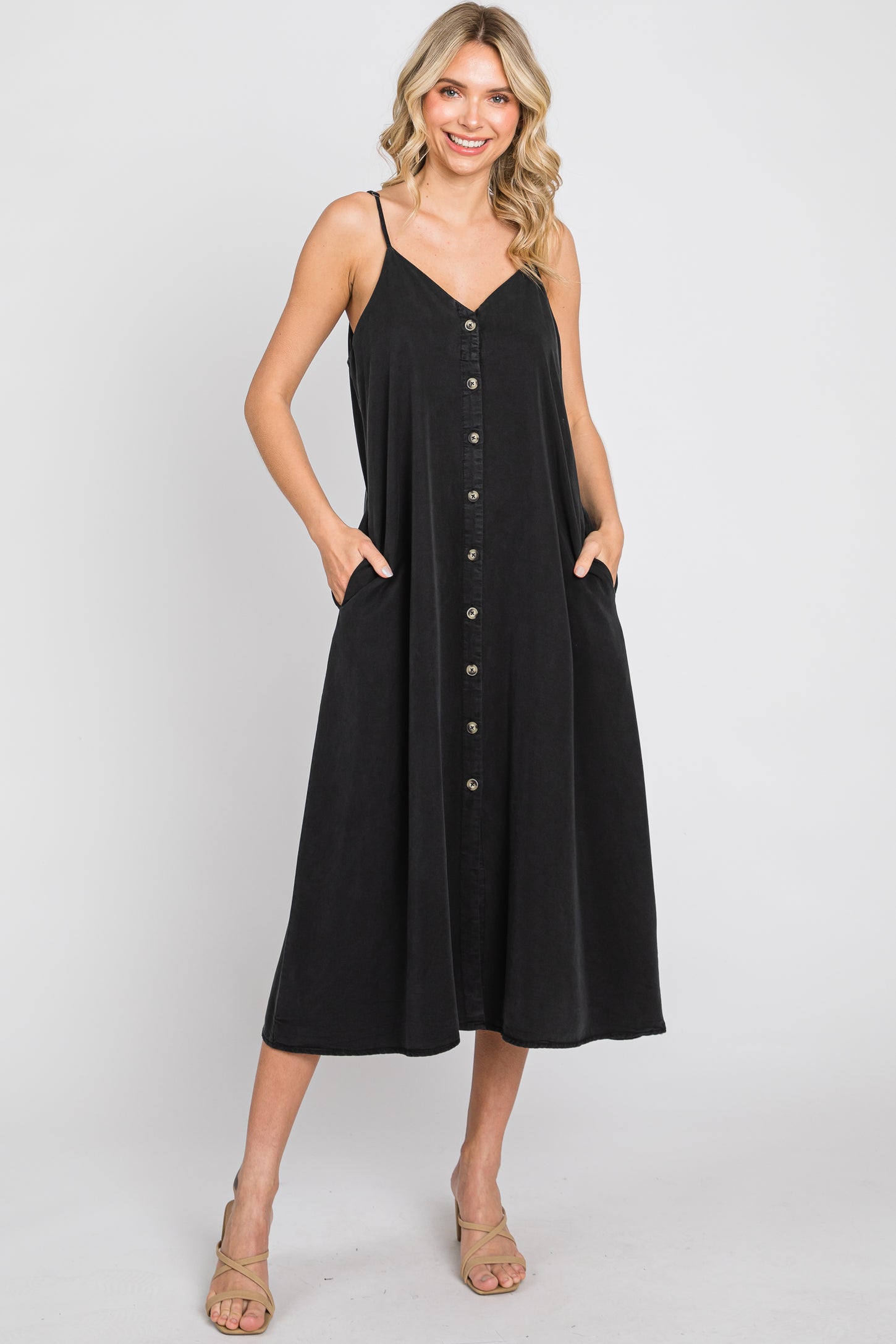 Black Button Down Maternity Midi Tank Dress Black Button Down Maternity Midi Tank Dress