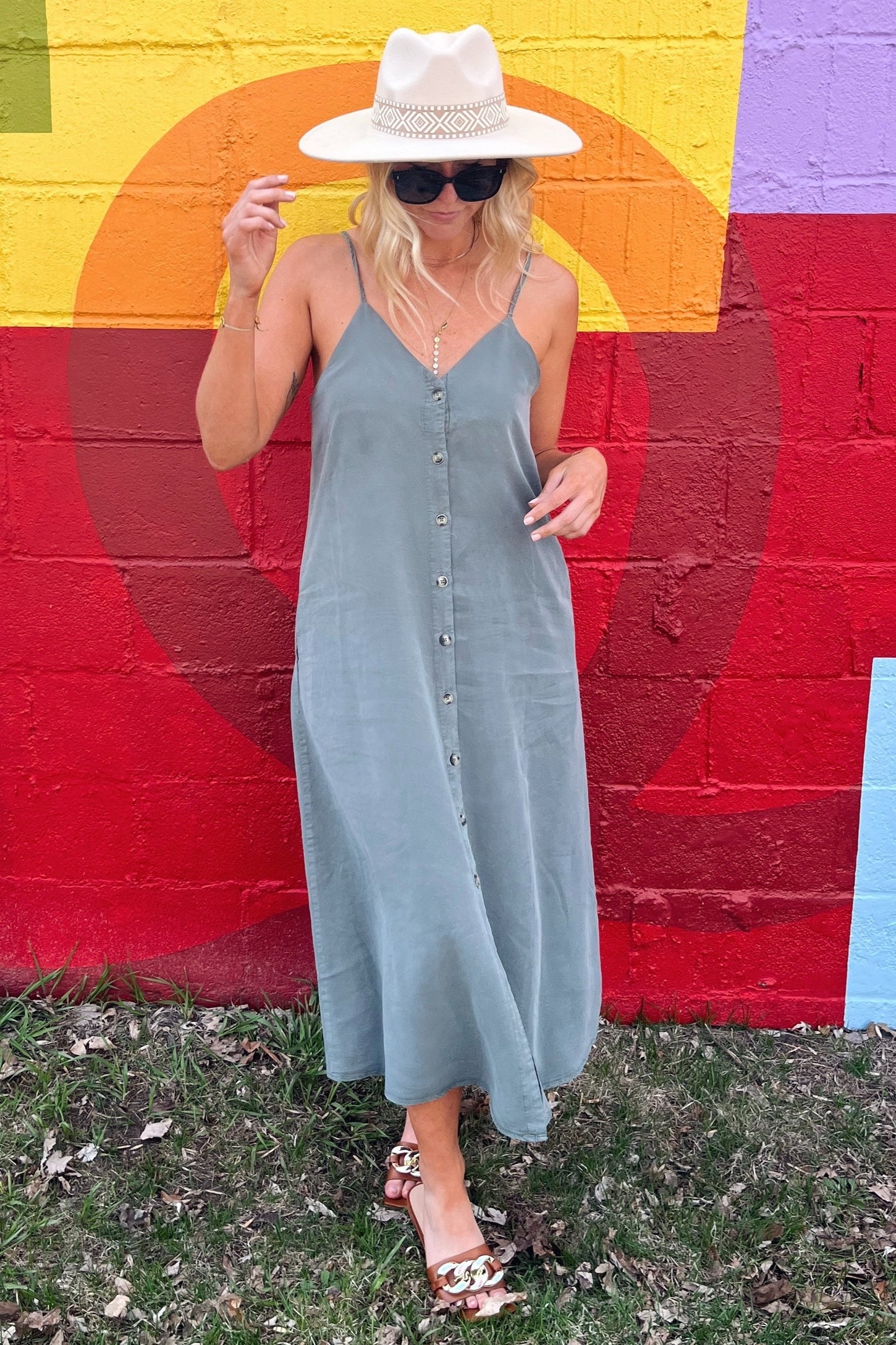 Olive Button Down Midi Tank Dress