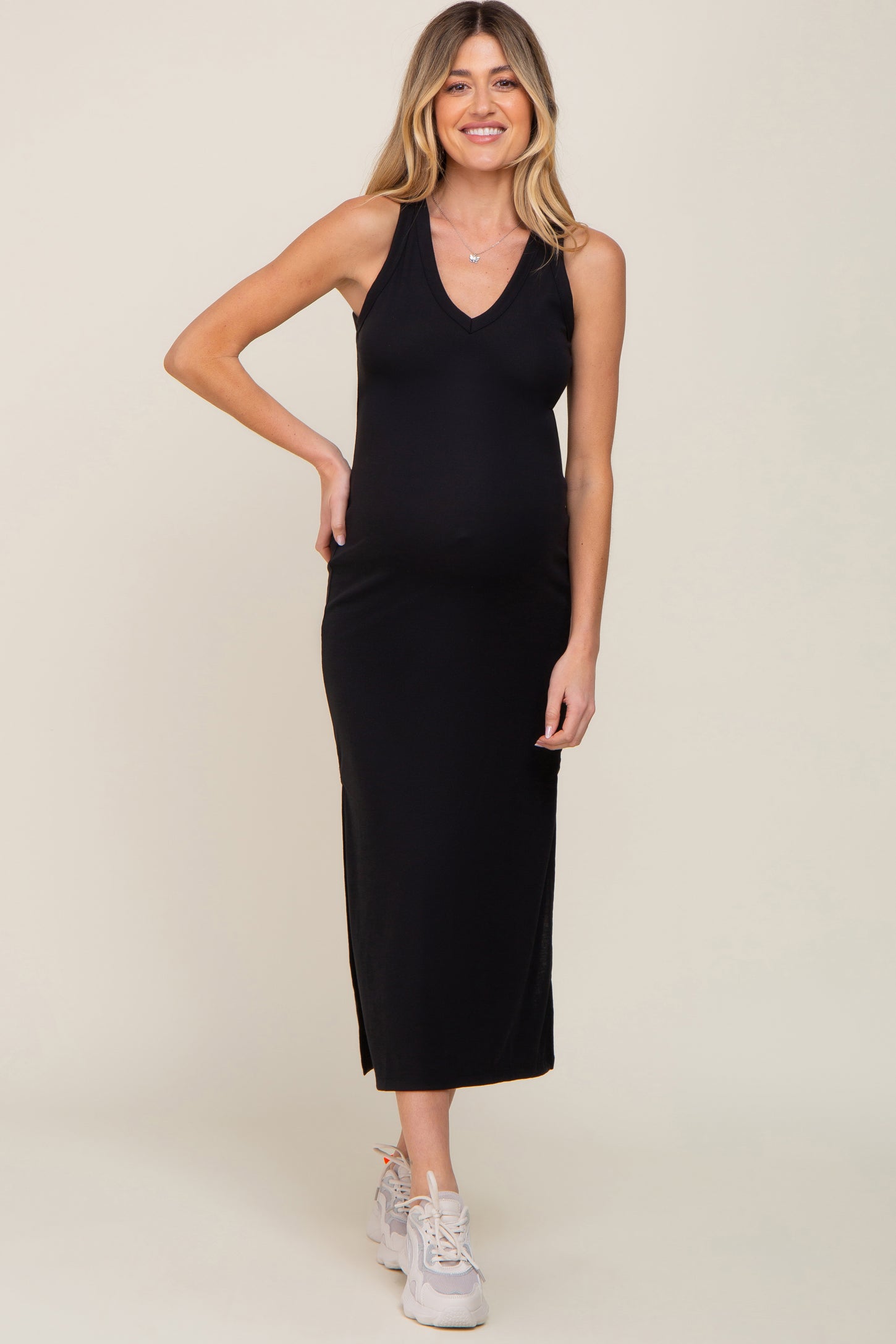 Black Basic Maternity Shift Midi Dress PinkBlush Black Basic Maternity Shift Midi Dress PinkBlush